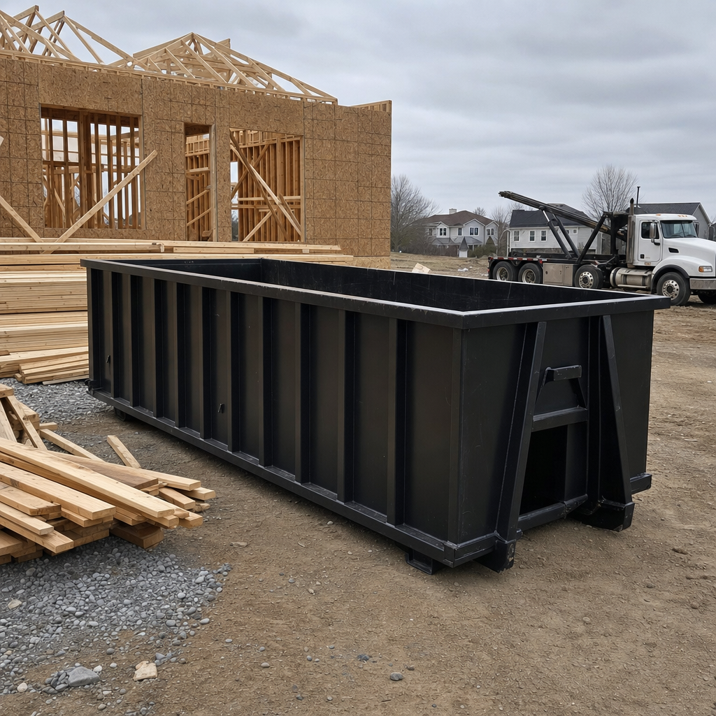 Matte-black 40-yard roll-off dumpster staged on a framed-out residential construction site in Evansville, framing lumber stacked nearby, hooklift delivery truck visible in the background under bright Colorado daylight