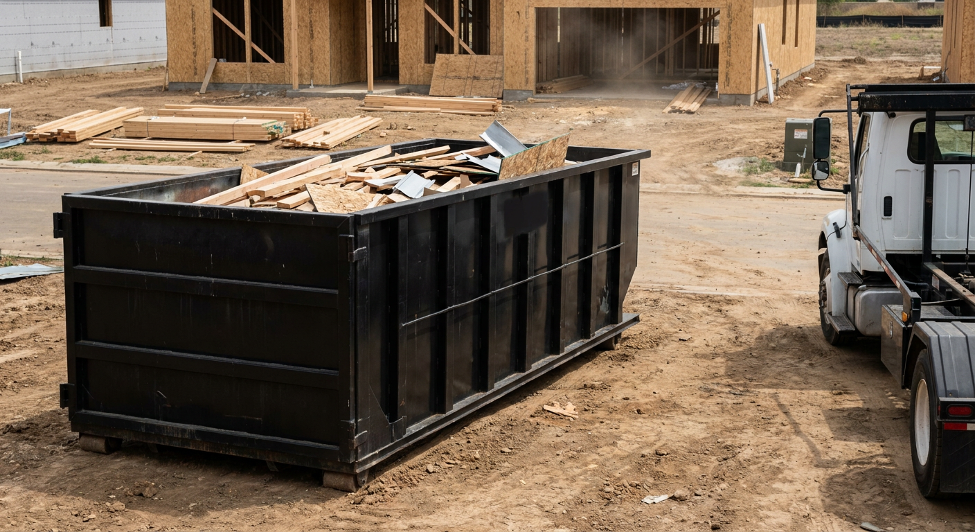 Matte-black 20-yard roll-off construction dumpster with heavy ribbed steel sidewalls and swing rear doors at a working jobsite in Evansville, sitting directly on compacted dirt with an unmarked white hauler partially visible at the far edge of the frame.