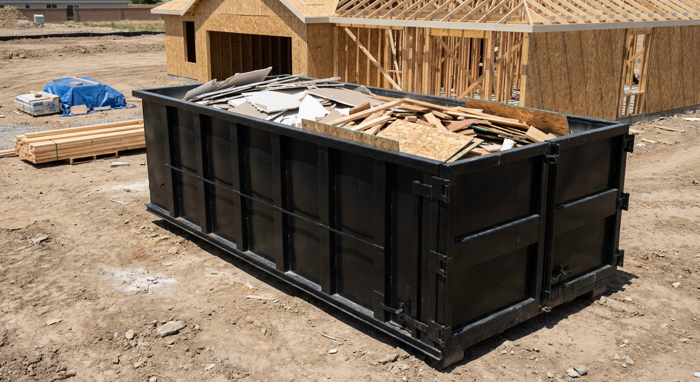 Matte-black 30-yard roll-off construction dumpster sitting directly on the compacted-dirt site of a framed single-family home build in Evansville, drywall and lumber scrap loaded inside.
