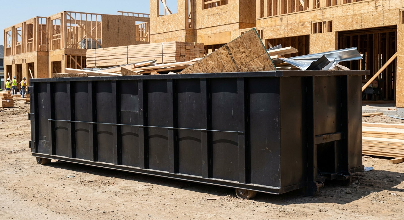 Matte-black 40-yard roll-off construction dumpster being lowered from a white-cab hooklift delivery truck onto the compacted-dirt jobsite at a commercial build site in Evansville