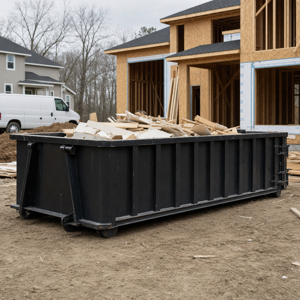 Worker in a yellow high-visibility vest tossing framing lumber and broken drywall into a matte-black 30-yard construction roll-off dumpster on an active build site in Evansville, bright daylight