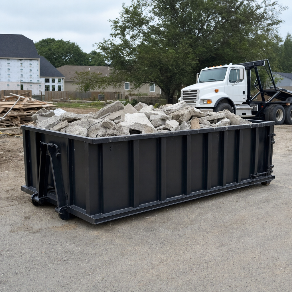 Low-profile matte-black lowboy roll-off dumpster loaded with broken concrete slab and rebar at a foundation tear-out in Evansville, skid steer parked beside it, sunny Colorado morning