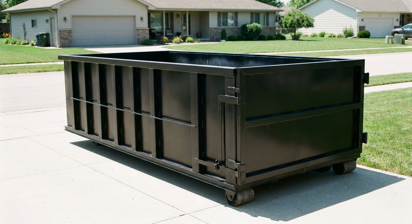 Matte-black 10-yard roll-off dumpster on a residential concrete driveway in Evansville, uniformly painted matte black across every panel and rail, ribbed steel sidewalls and rear swing door visible, mid-day daylight.