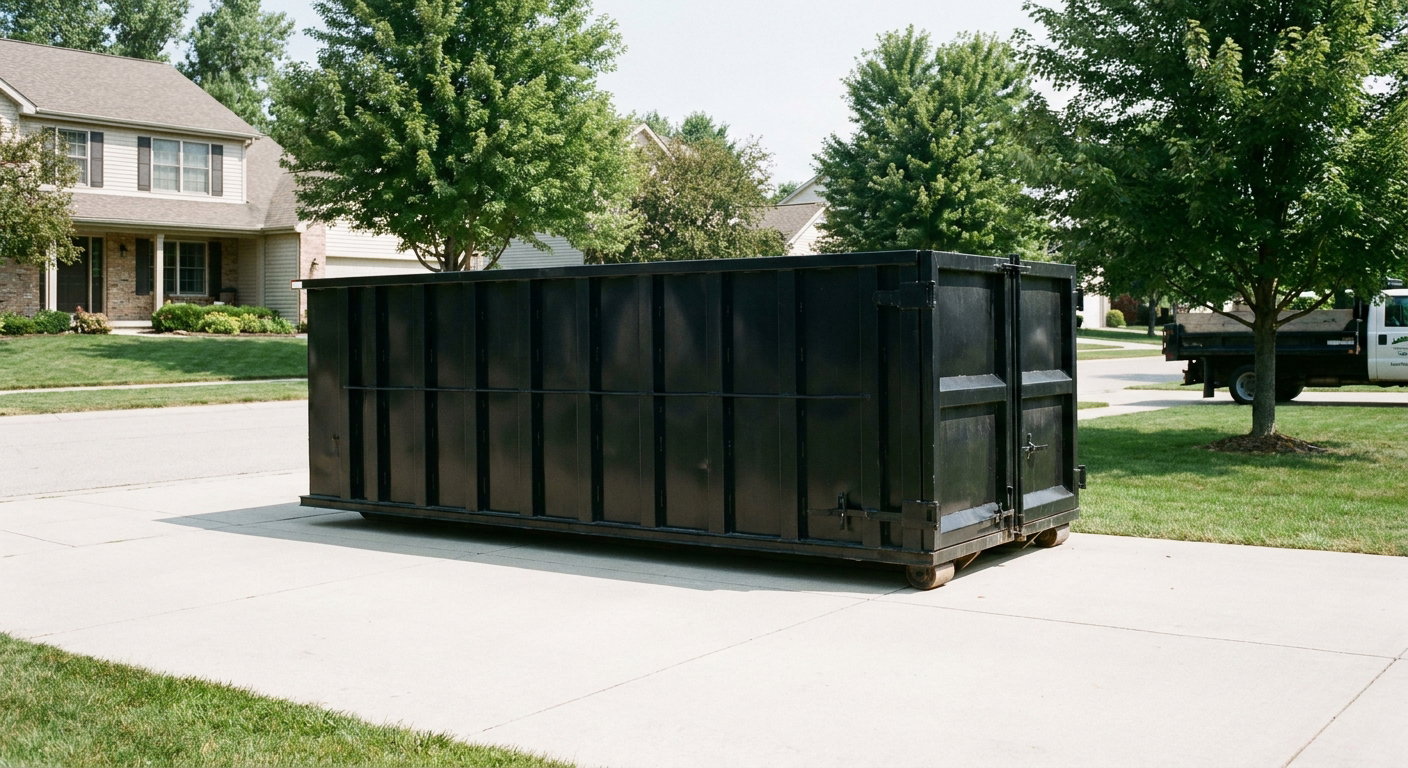Matte-black 20-yard roll-off dumpster sitting level on a clean Evansville residential concrete driveway under bright daylight, demonstrating clean placement directly on the concrete.