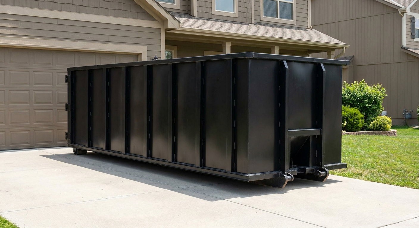 Matte-black residential roll-off dumpster sitting directly on a suburban Evansville concrete driveway, garage door closed, single-family home in background, bright morning daylight.
