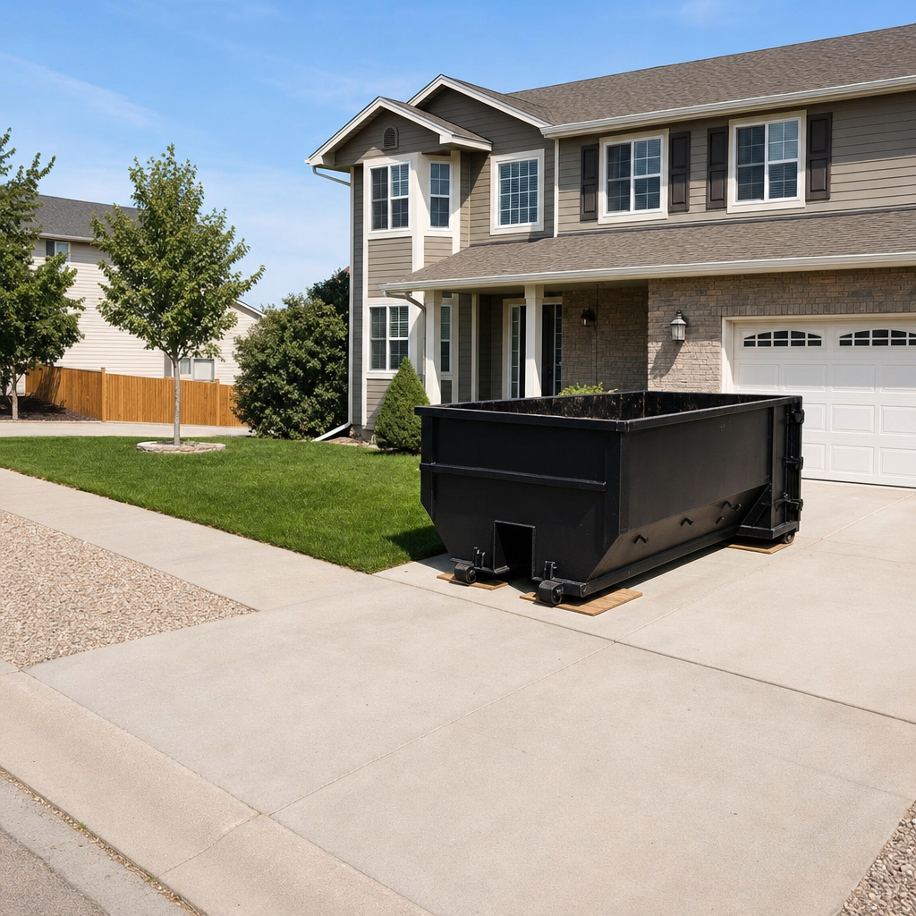 10-yard matte-black residential dumpster placed directly on a narrow Evansville concrete driveway, room remains for a parked sedan beside it, mid-morning natural light