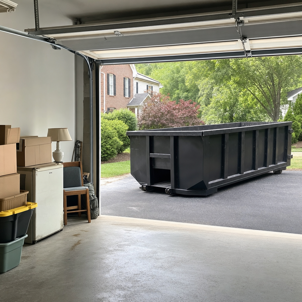 Open garage interior in a Evansville home mid-cleanout — boxed items, an old appliance, and stacked yard tools queued near the driveway for a matte-black roll-off dumpster, organized and calm