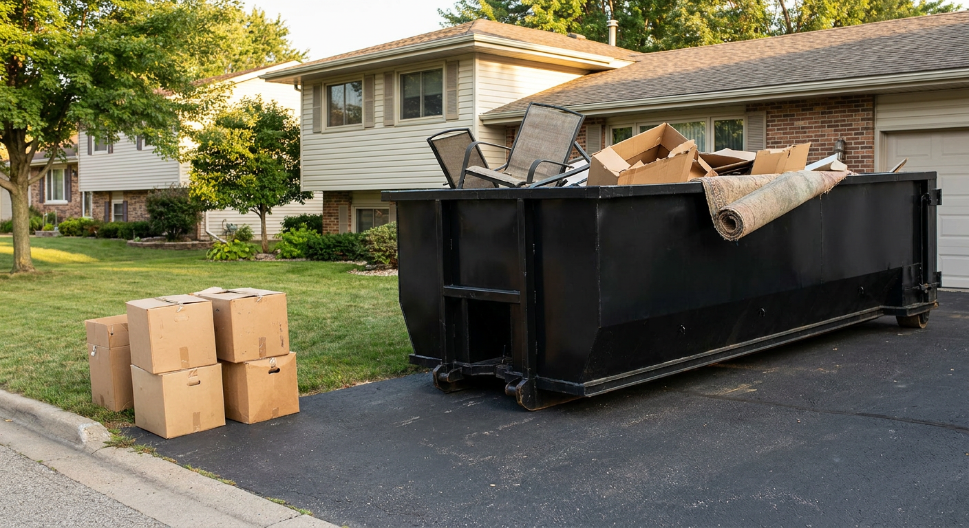 Front-yard view of a Evansville split-level home with a 20-yard matte-black roll-off dumpster sitting directly on the asphalt driveway, a few clearly labeled donation boxes staged at the curb, calm sunny afternoon.