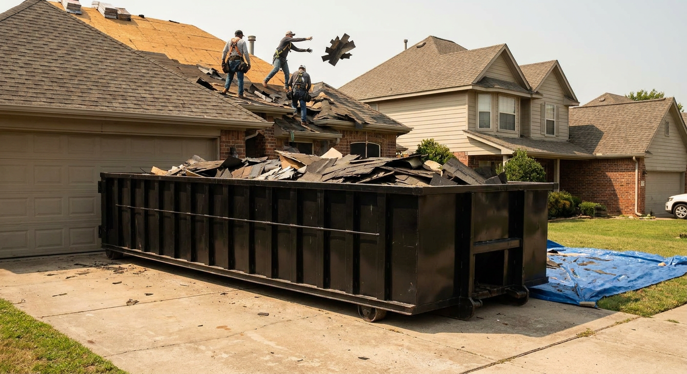 Matte-black roofing roll-off dumpster placed directly on a Evansville residential concrete driveway, a tear-off crew on a two-story asphalt-shingle roof tossing shingle bundles into the low-walled container, bright daylight, documentary 35mm perspective.
