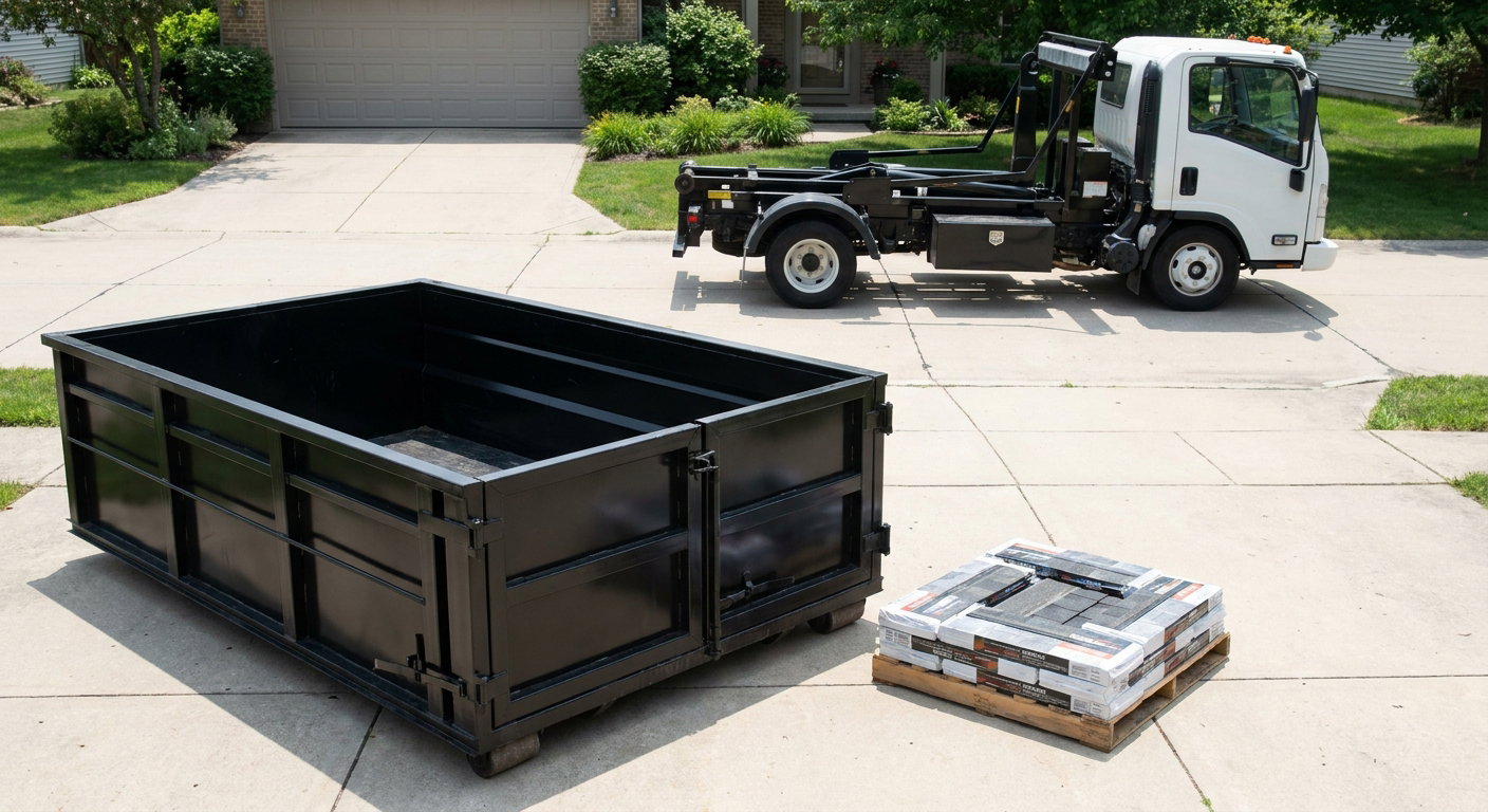 Matte-black 15-yard roofing roll-off dumpster with reinforced low side walls sitting directly on a Evansville residential concrete driveway, three-tab asphalt shingle bundles stacked nearby, an unmarked white hauler truck partially visible at the edge of the frame.