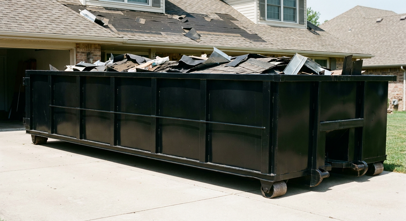 Matte-black 20-yard roofing roll-off dumpster with steel ribbed sides and swinging rear door, sitting directly on the concrete driveway of a two-story Evansville home, asphalt shingle debris being loaded over the low wall, clean documentary lighting.
