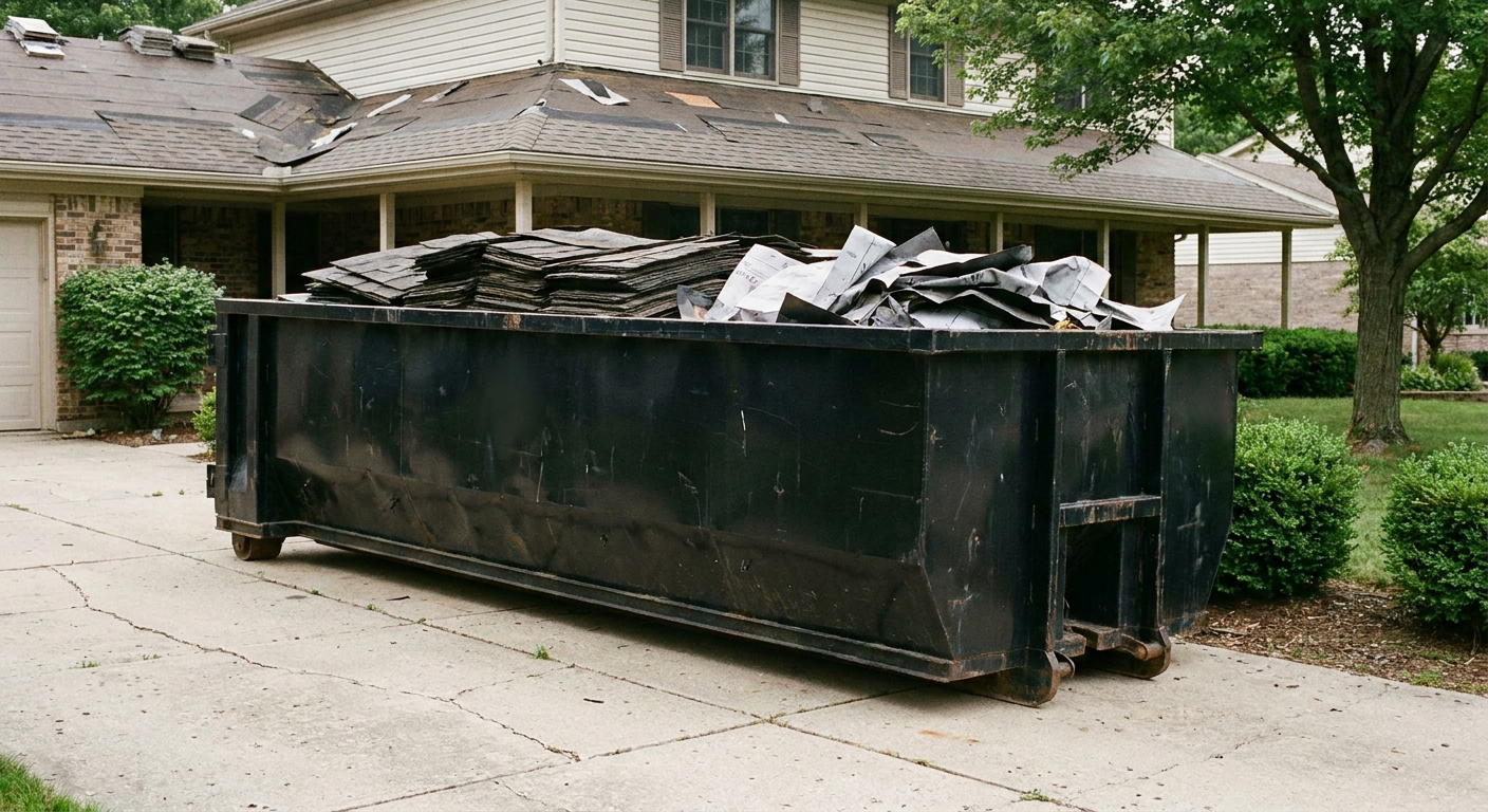 Matte-black 30-yard roofing roll-off dumpster sitting directly on a Evansville concrete driveway, taller ribbed steel side panels, mixed tear-off debris of asphalt shingles and underlayment inside, professional documentary daylight.