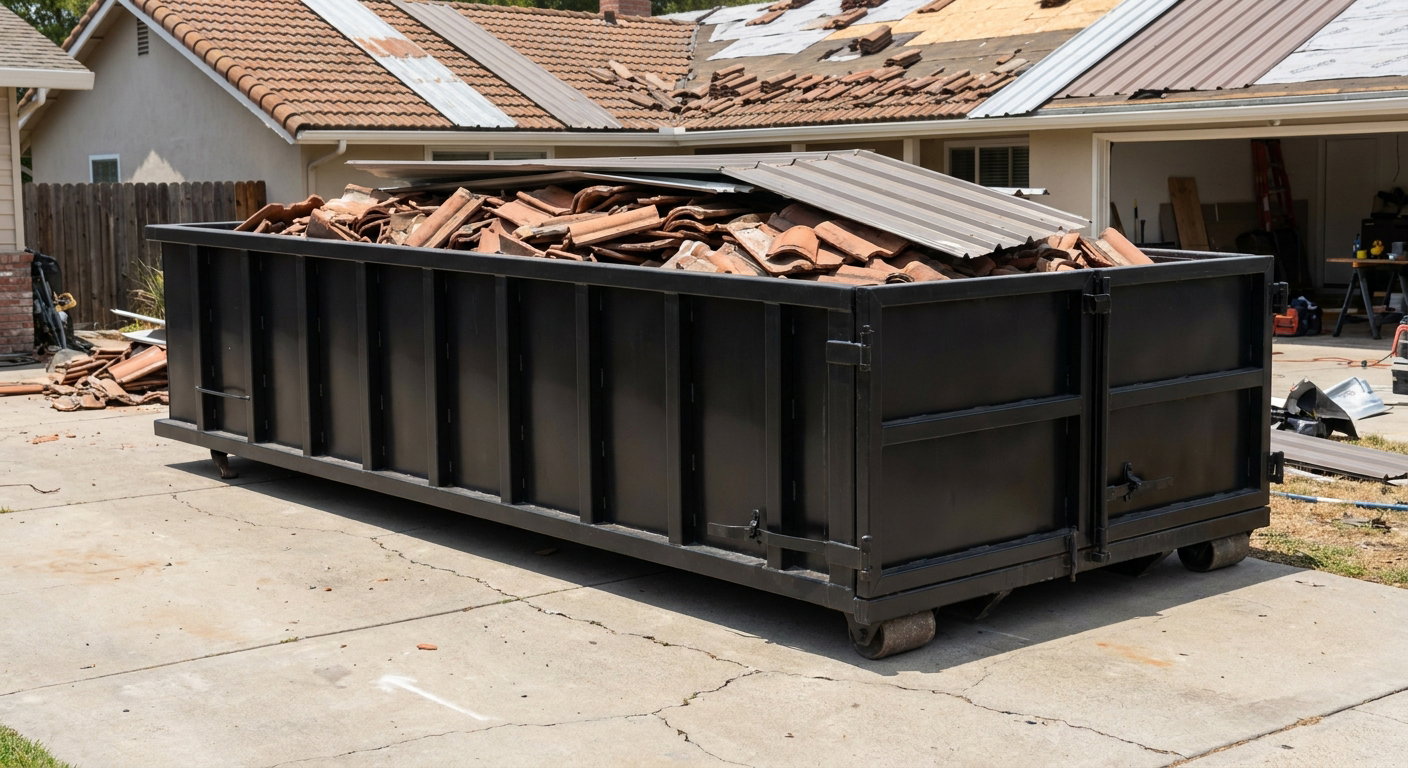 Matte-black low-wall heavy-debris roofing roll-off dumpster sitting directly on a Evansville concrete driveway, broken concrete clay roof tiles and metal panel sections loaded inside, reinforced ribbed steel side walls visible, bright outdoor daylight.