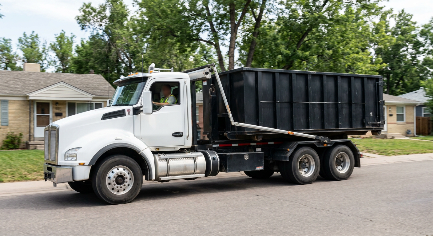 A wide documentary shot of a matte-black roll-off delivery truck pulling onto a quiet Evansville residential street at mid-morning, with neighborhood rooftops and tree-lined blocks visible behind, showing the metro coverage footprint.