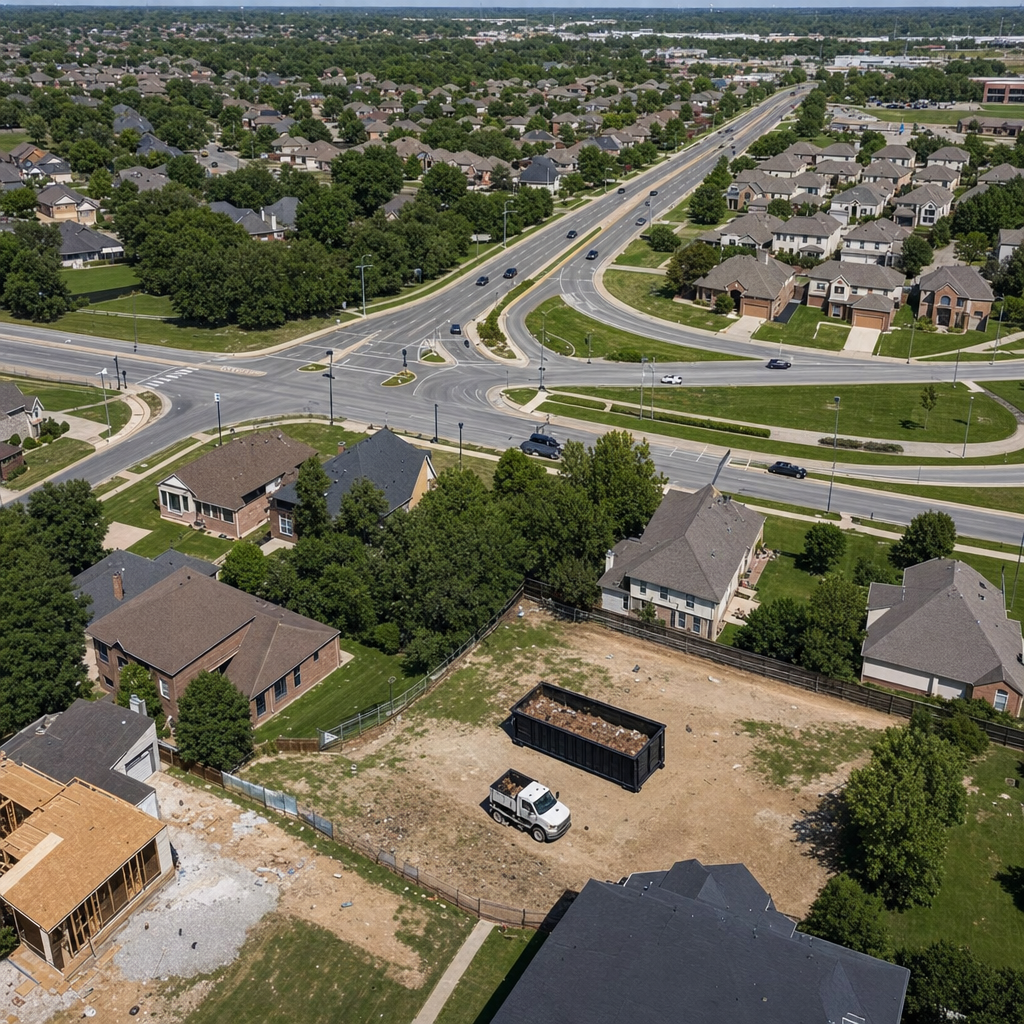 An overhead documentary view of the Evansville metro area at midday, showing the spread of neighborhoods, arterial roads, and the dispatch radius from a central yard — clean daylight, organized geographic layout.
