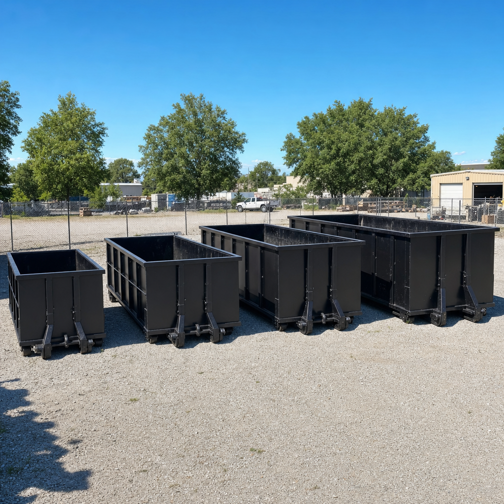 A clean lineup of matte-black roll-off dumpsters in 10, 20, 30, and 40-yard sizes staged on a sunlit gravel yard in Evansville, showing the size progression from compact to commercial-scale containers.