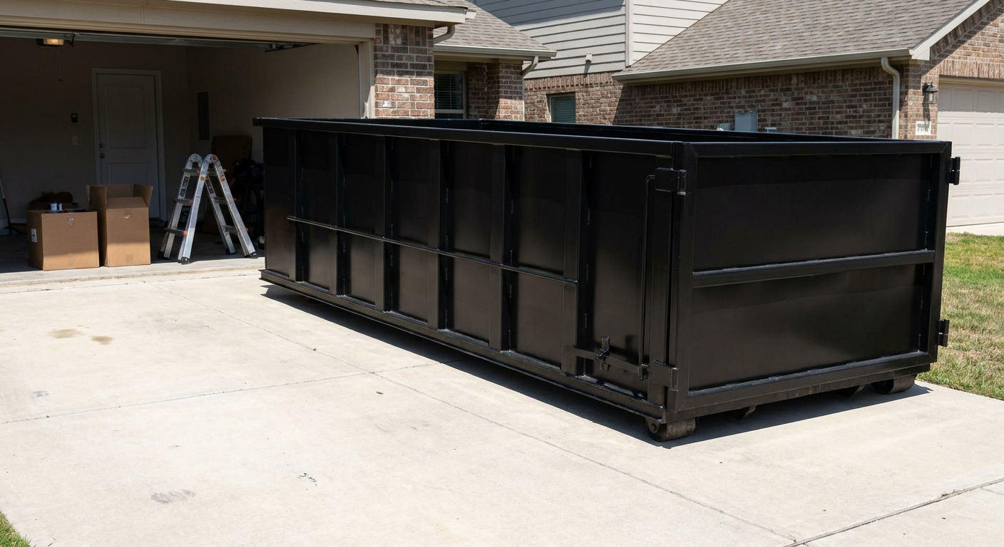 A matte-black 10-yard roll-off dumpster sitting directly on a residential Evansville concrete driveway, mid-day sunlight, clean and ready for a garage cleanout.