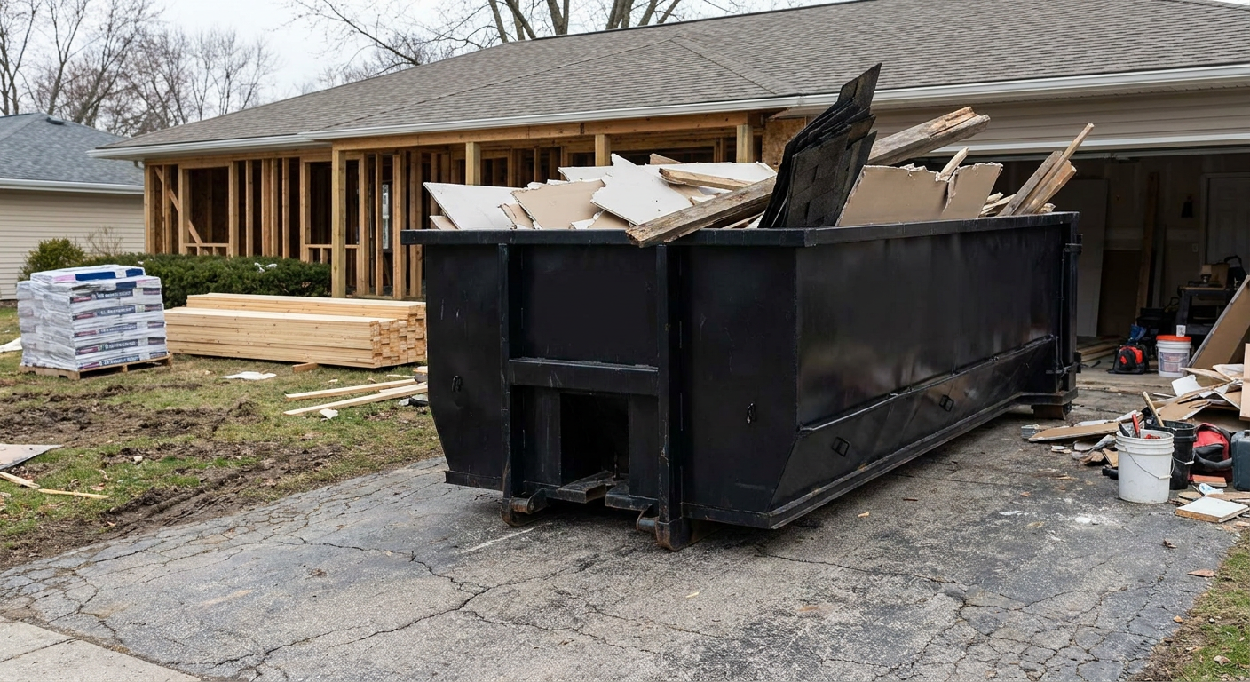 A matte-black 20-yard roll-off dumpster placed alongside a mid-renovation Evansville home directly on the asphalt driveway, with framing materials and torn-off shingles staged neatly nearby.
