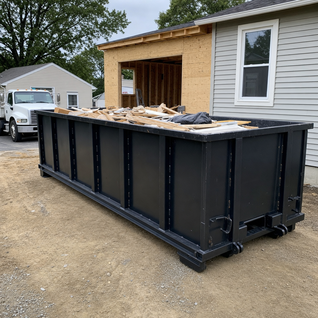 A matte-black 30-yard roll-off dumpster positioned at a Evansville residential addition jobsite, with framing lumber and drywall scraps loaded through the open swinging rear doors.