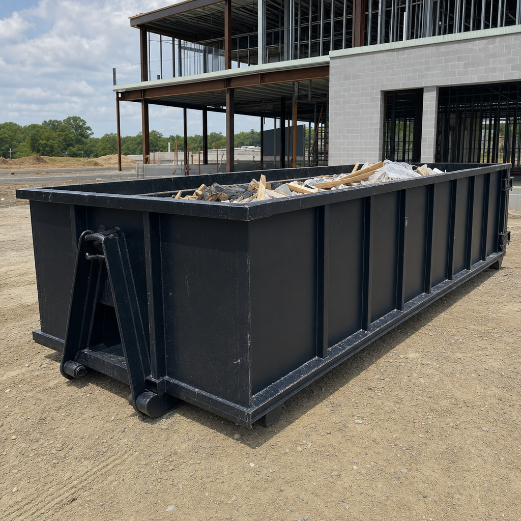 A matte-black 40-yard roll-off dumpster staged on a large Evansville commercial construction lot, with a hooklift delivery truck parked alongside under bright midday sky.