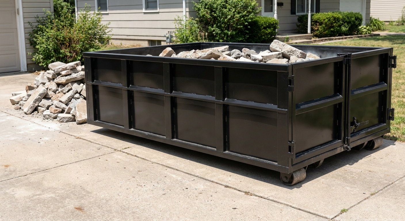 A matte-black low-side heavy-debris roll-off dumpster placed directly on a Evansville concrete driveway, with broken concrete chunks neatly stacked beside it under clean daylight.